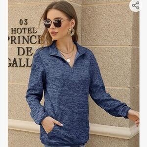 Women's Blue Long Sleeve High Collar Pullover M Sweatshirt|Quarter Zip Up